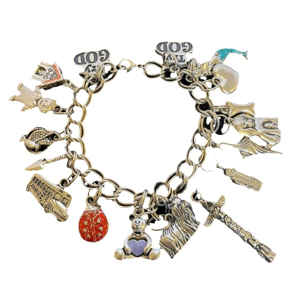 Charm Bracelet 7.5 in with 17 Charms Bus Dog Totem Bear Mermaid Bird Heart etc